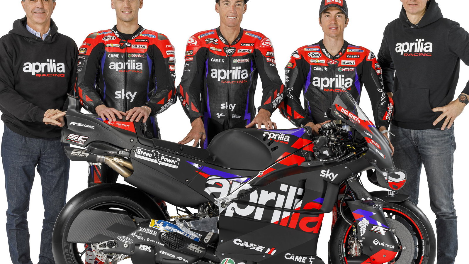 Albesiano, Espargaro, Savadori, Vinales, Rivola, 2024 Aprilia MotoGP launch